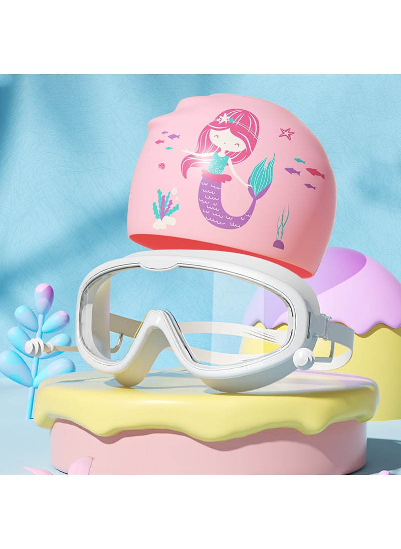 1 x 5 pcs Kids Swim Goggles Large Frame Clear Anti-fog Waterproof Set White-bag + mermaid swimming cap