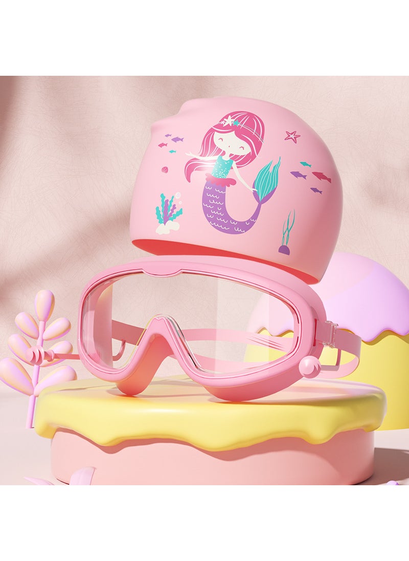 1 x 5 pcs Kids Swim Goggles Large Frame Clear Anti-fog Waterproof Set Pink-bag + mermaid swimming cap