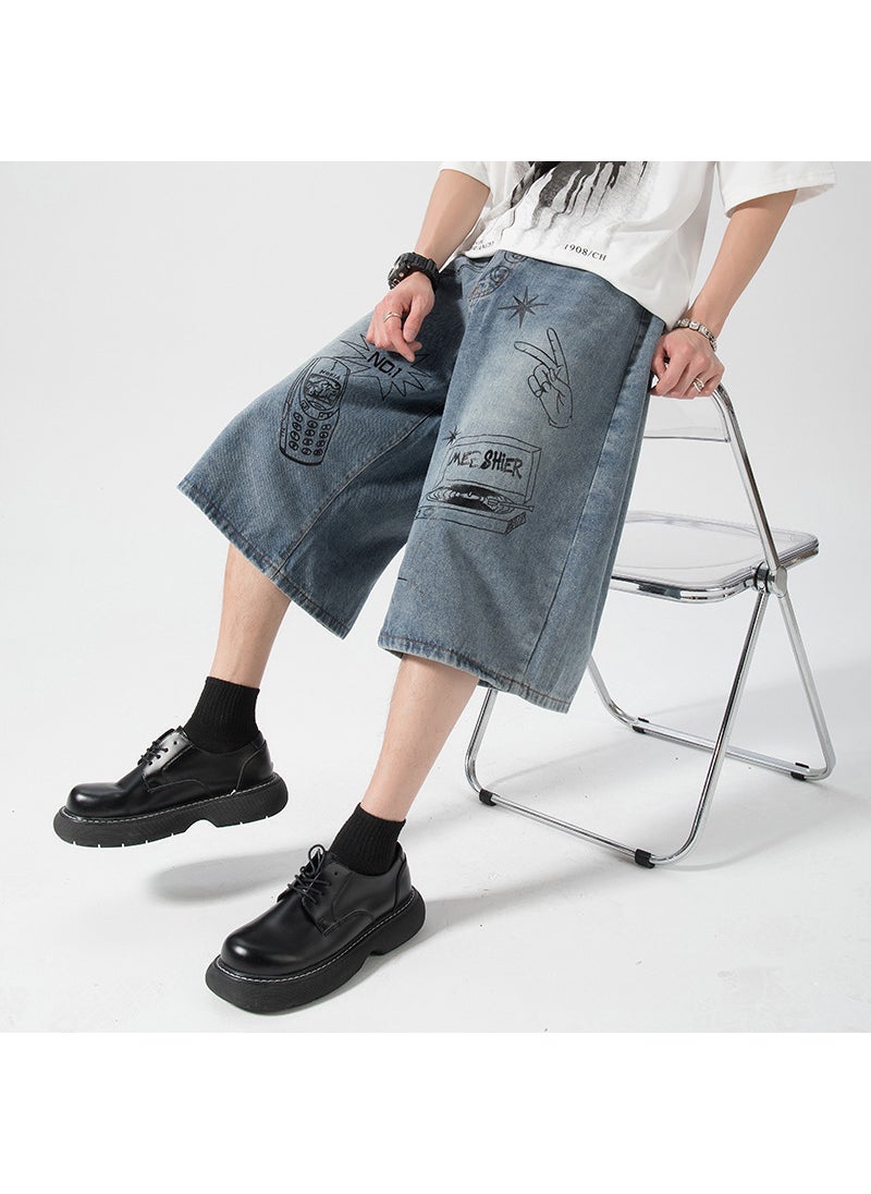 1 x 5 pcs Vintage Graffiti Oversize Shorts Men Summer Loose Denim Blue