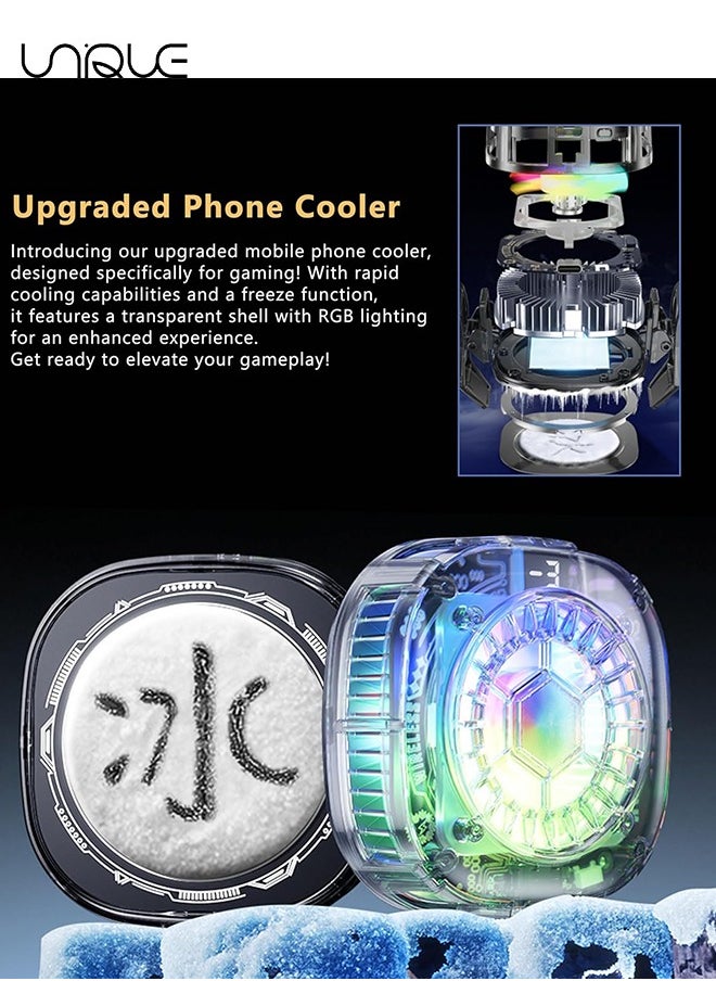 Magnetic Phone Cooler - RGB Transparent Phone Cooling Fan with Semi-Conductor Cooling Chip, Magnetic Cellphone Radiator with Temperature Display for Mobile Gaming/Tiktok Live Streaming