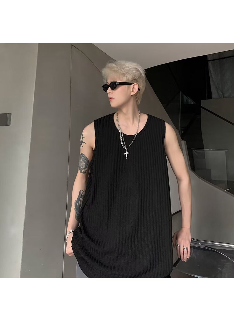 1 x 5 pcs Mens Texture Ice Silk Tank Top 2024 Summer Casual Sleeveless Tee Black