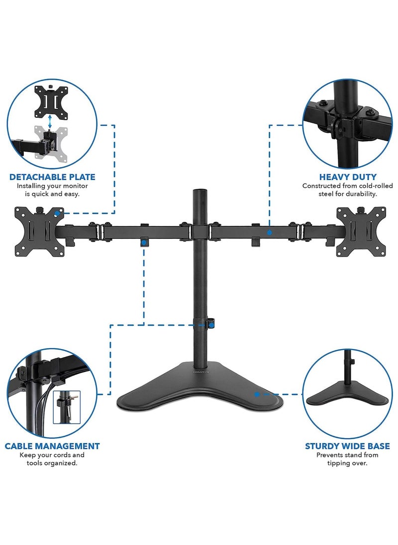 Dual Monitor Stand | Double Monitor Desk Stand Fits Two x 13 to 32 Inch Computer Screens | Freestanding Base | 2 Heavy Duty Full Motion Adjustable Arms | VESA Compatible