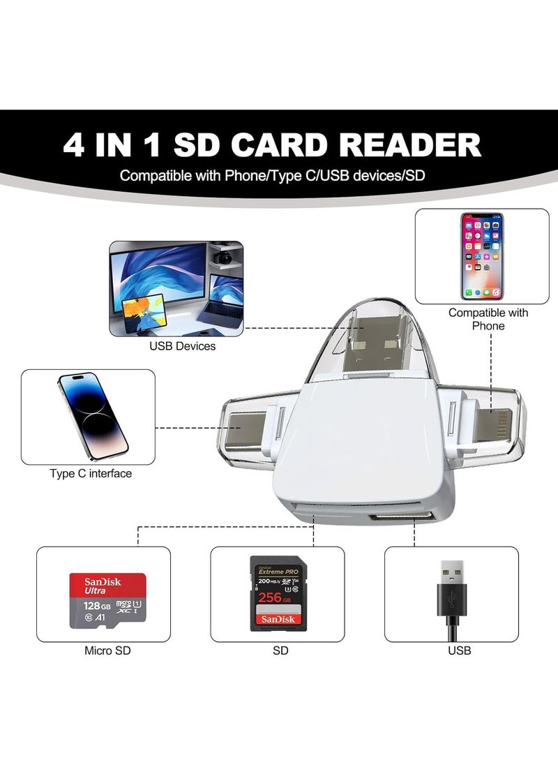 Multi-Port 4 in 1 Universal SD TF Card Reader, Multi-Port 4 in 1 Card Reader Adapter for Phone and Laptop Devices (White)