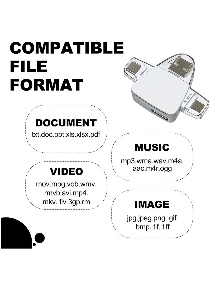 Multi-Port 4 in 1 Universal SD TF Card Reader, Multi-Port 4 in 1 Card Reader Adapter for Phone and Laptop Devices (White)