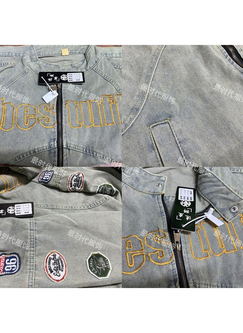 Retro Patch Embroidery Denim Jacket Unisex Blue