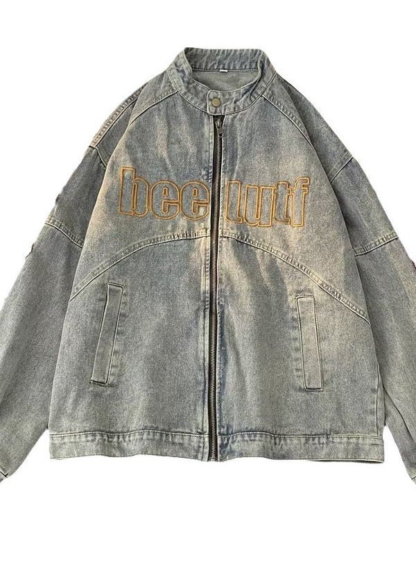 Retro Patch Embroidery Denim Jacket Unisex Size Table