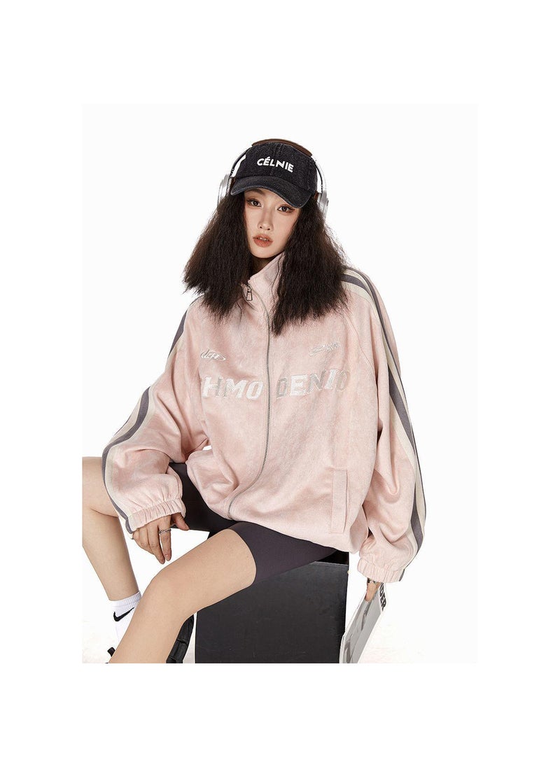 2024 Striped Velvet Jacket Women Spring Summer Retro Collar Sweatshirt Pink