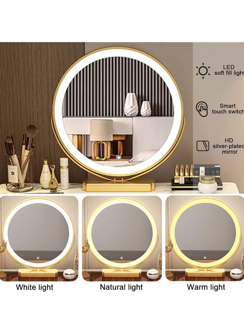 Vanity Makeup Mirror with Lights, 3 Color Lighting Dimmable LED Mirror, Touch Control, 360°Rotation, High-Definition Large Round Lighted Up Mirror for Bedroom Table Desk