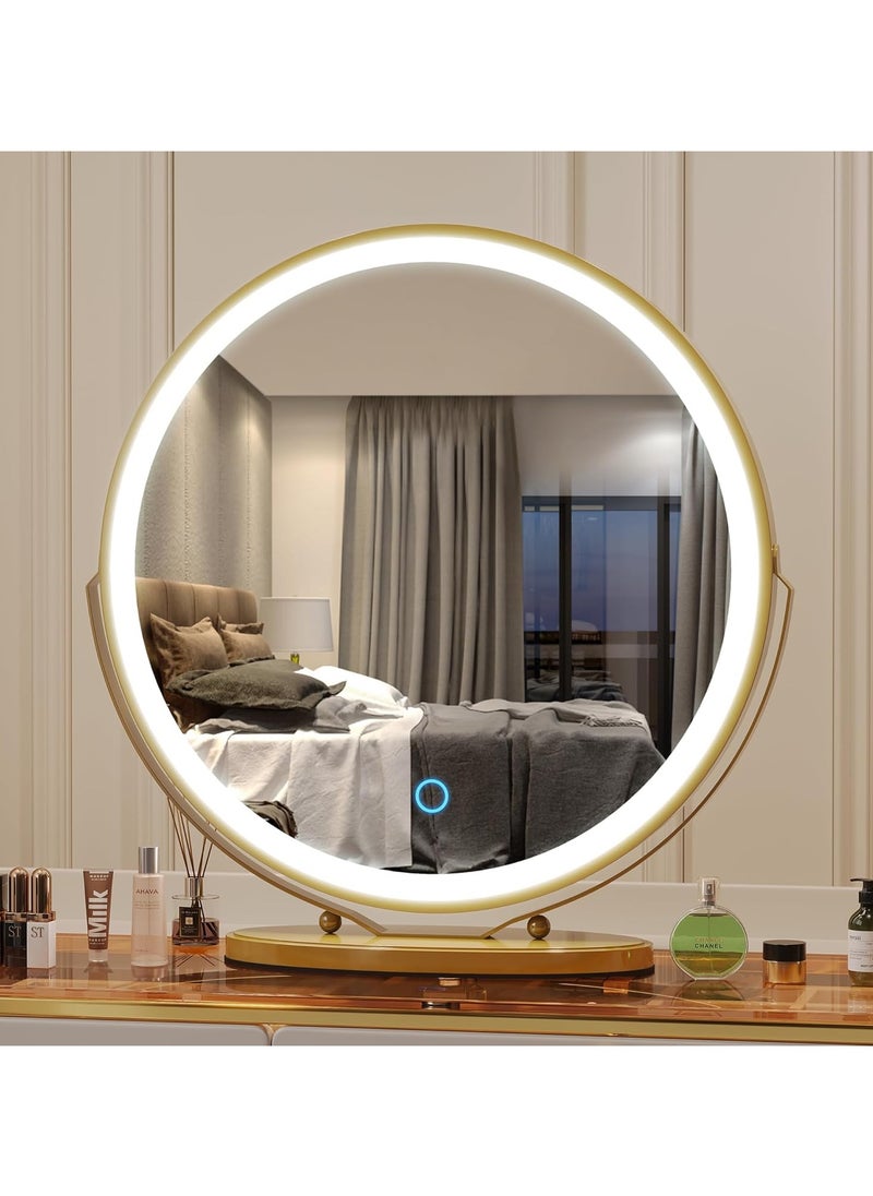 Vanity Makeup Mirror with Lights, 3 Color Lighting Dimmable LED Mirror, Touch Control, 360°Rotation, High-Definition Large Round Lighted Up Mirror for Bedroom Table Desk