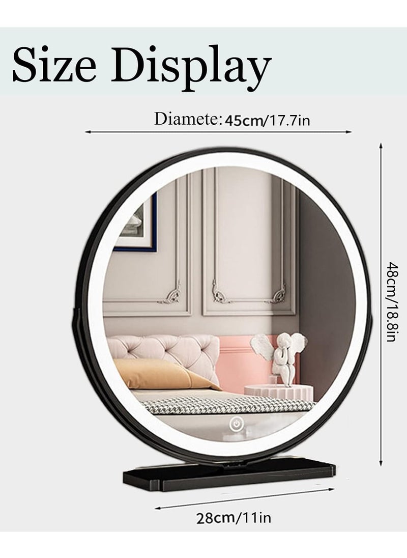 Hollywood Round Makeup Mirror, Free Standing Vanity Table Lighting Large Mirror with Led Light, Tabletop Cosmetic Mirror, 360° Rotation and Touch Dimmable 3 Colors for Bedroom Living Room