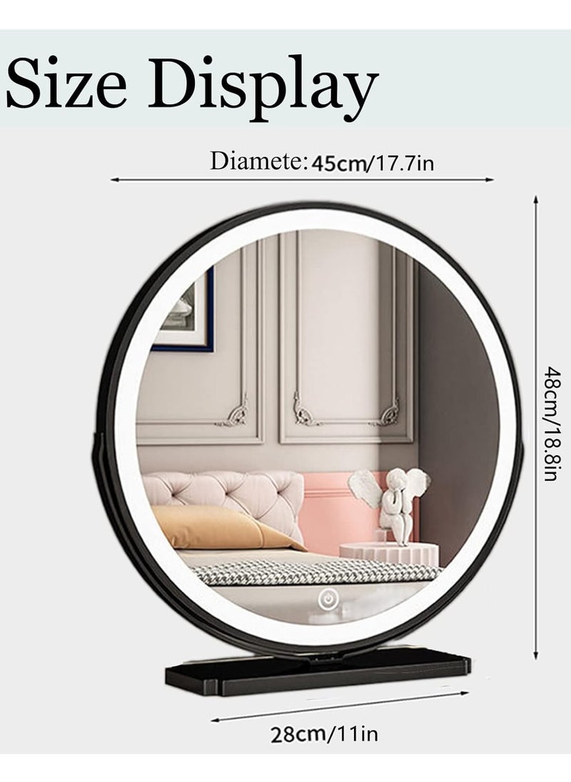 Vanity Makeup Mirror with Lights, 3 Color Lighting Dimmable LED Mirror, Touch Control, 360°Rotation, High-Definition Large Round Lighted Up Mirror for Bedroom Table Desk