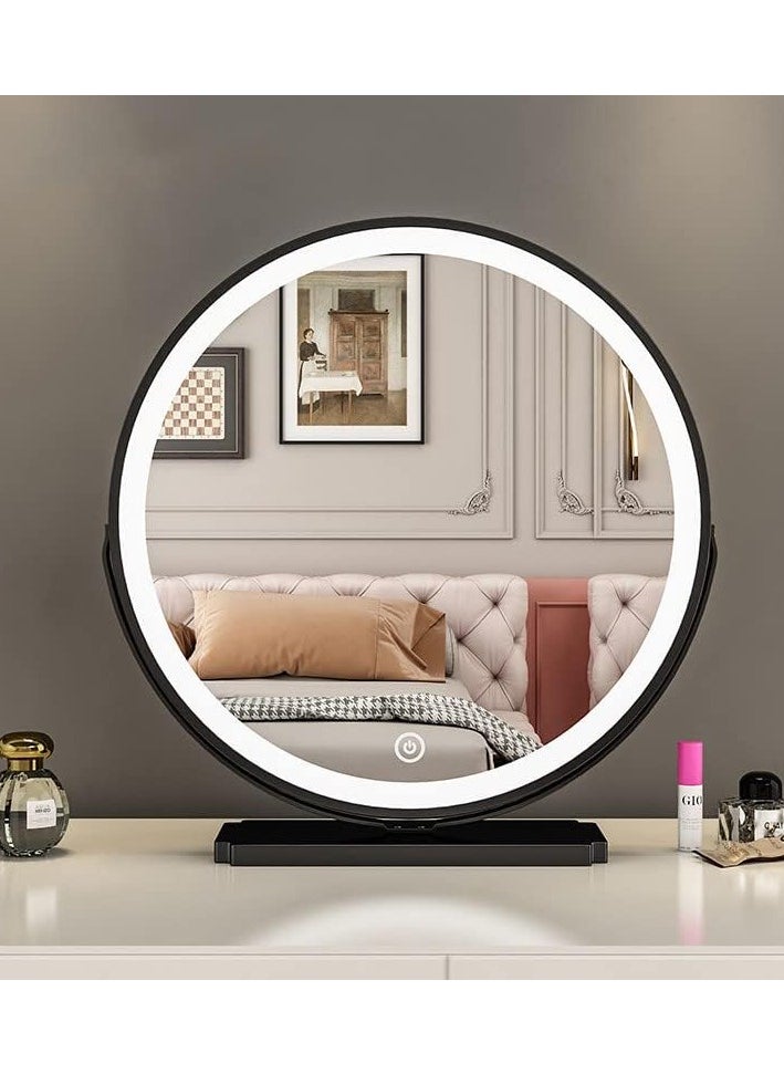 Hollywood Round Makeup Mirror, Free Standing Vanity Table Lighting Large Mirror with Led Light, Tabletop Cosmetic Mirror, 360° Rotation and Touch Dimmable 3 Colors for Bedroom Living Room