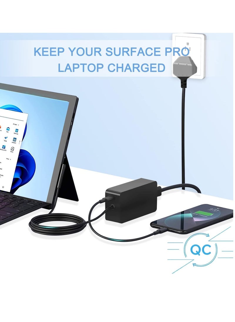 65W Surface Pro Charger for Microsoft Surface Devices, with USB Charging Port