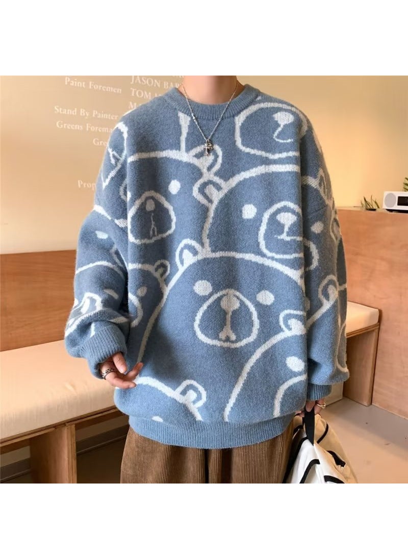 Vintage Couple Bear Sweater Unisex Knitwear Autumn Winter Blue