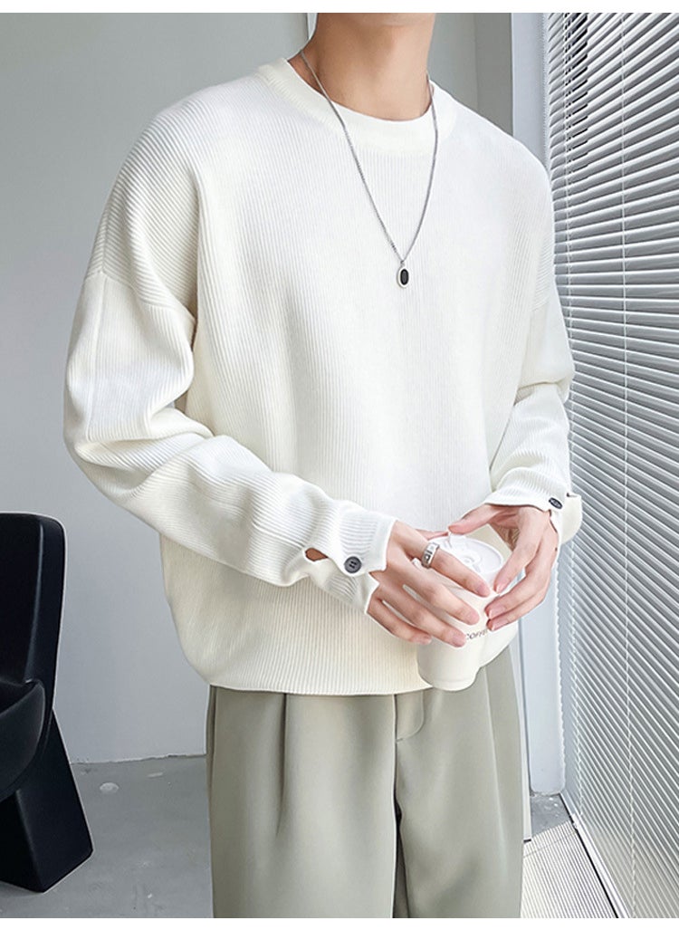 Casual White Sweater Mens Round Neck Split Sleeve Knitwear White