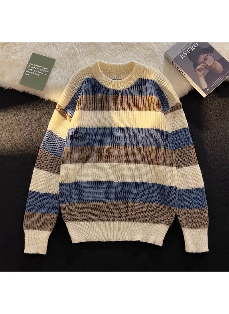 1 x 5 pcs Japanese Striped Knit Sweater Mens Autumn Retro Blue