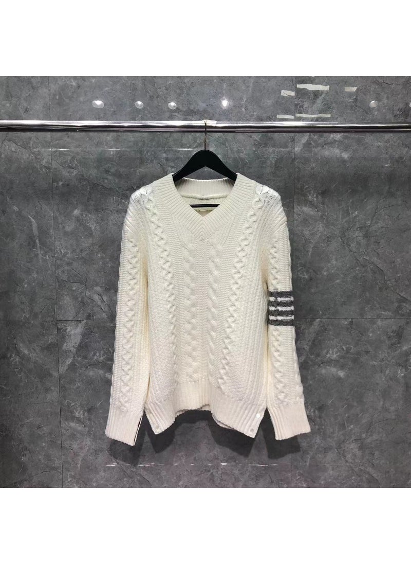 Unisex Winter Knit Sweater V-Neck Twisted Wool White