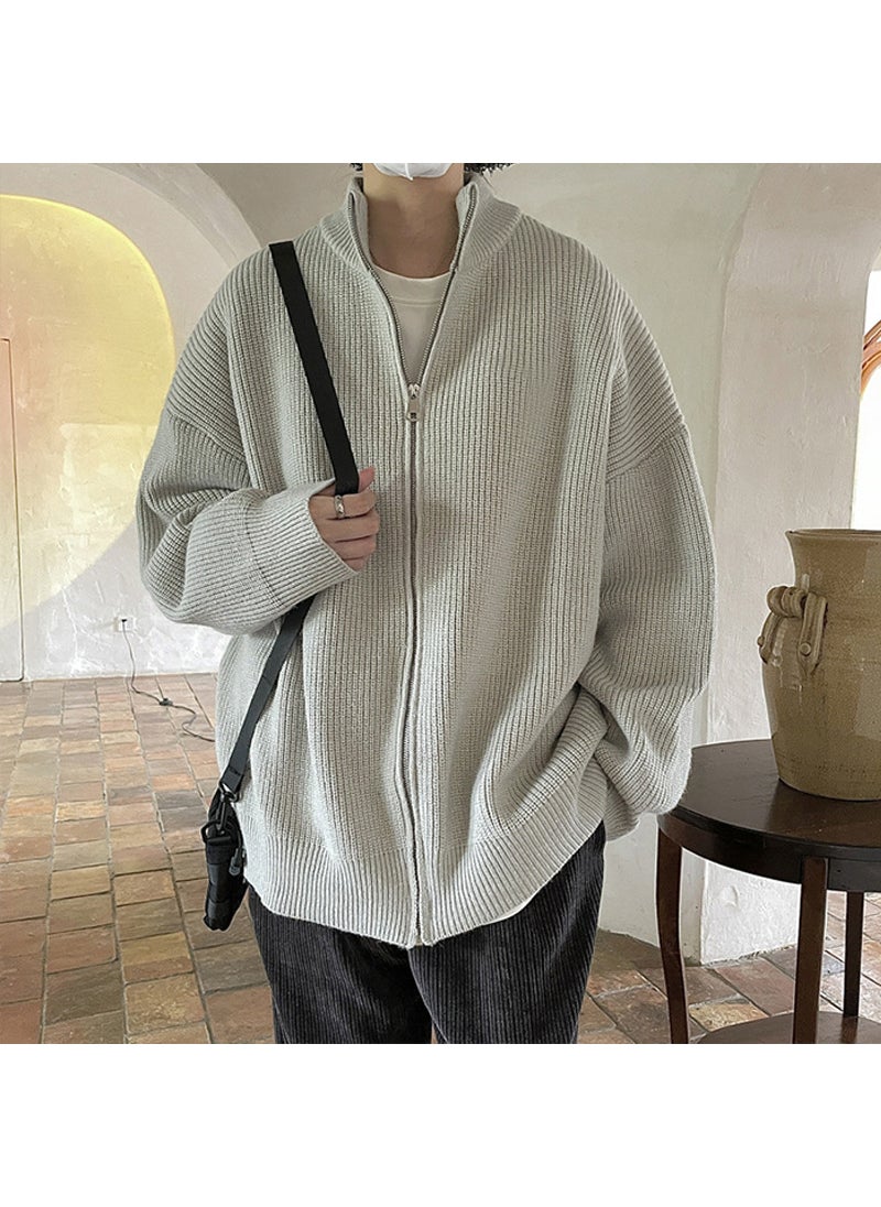 Mens Retro Cardigan Zip Sweater Casual Loose Knitwear Grey