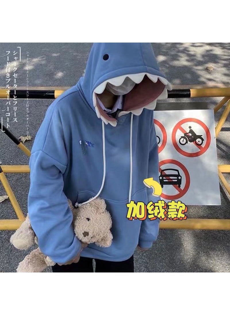 Shark Print Couples Oversized Hoodie Blue