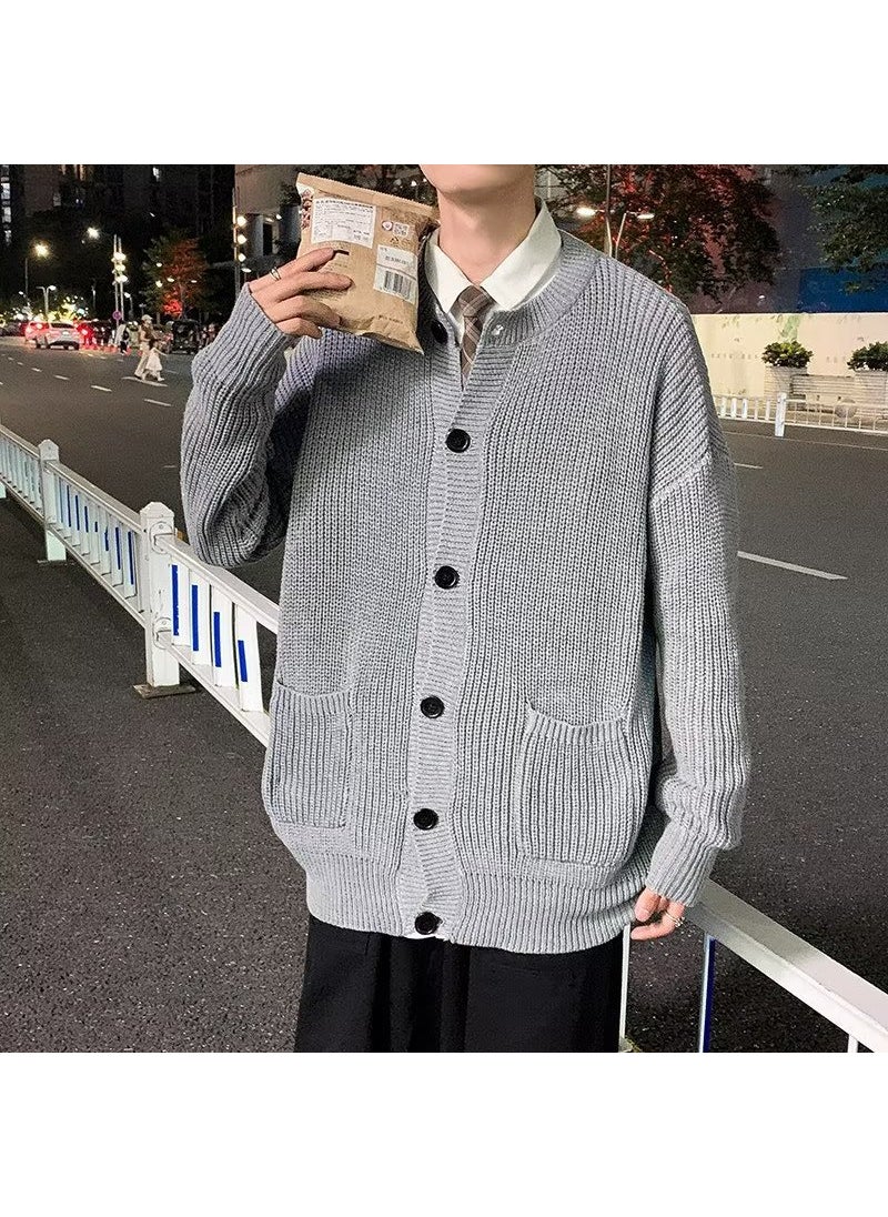 Mens Fashion Cardigan Sweater Knit Jacket Casual Spring Autumn Gray