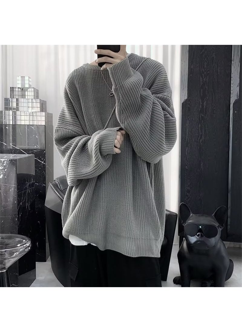 Autumn Winter Mens Knit Sweater Loose Trendy Japanese Style Dark gray