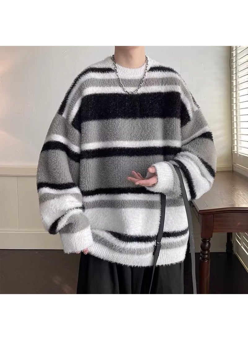 Mens Retro Striped Knit Sweater Autumn Winter K72 Black