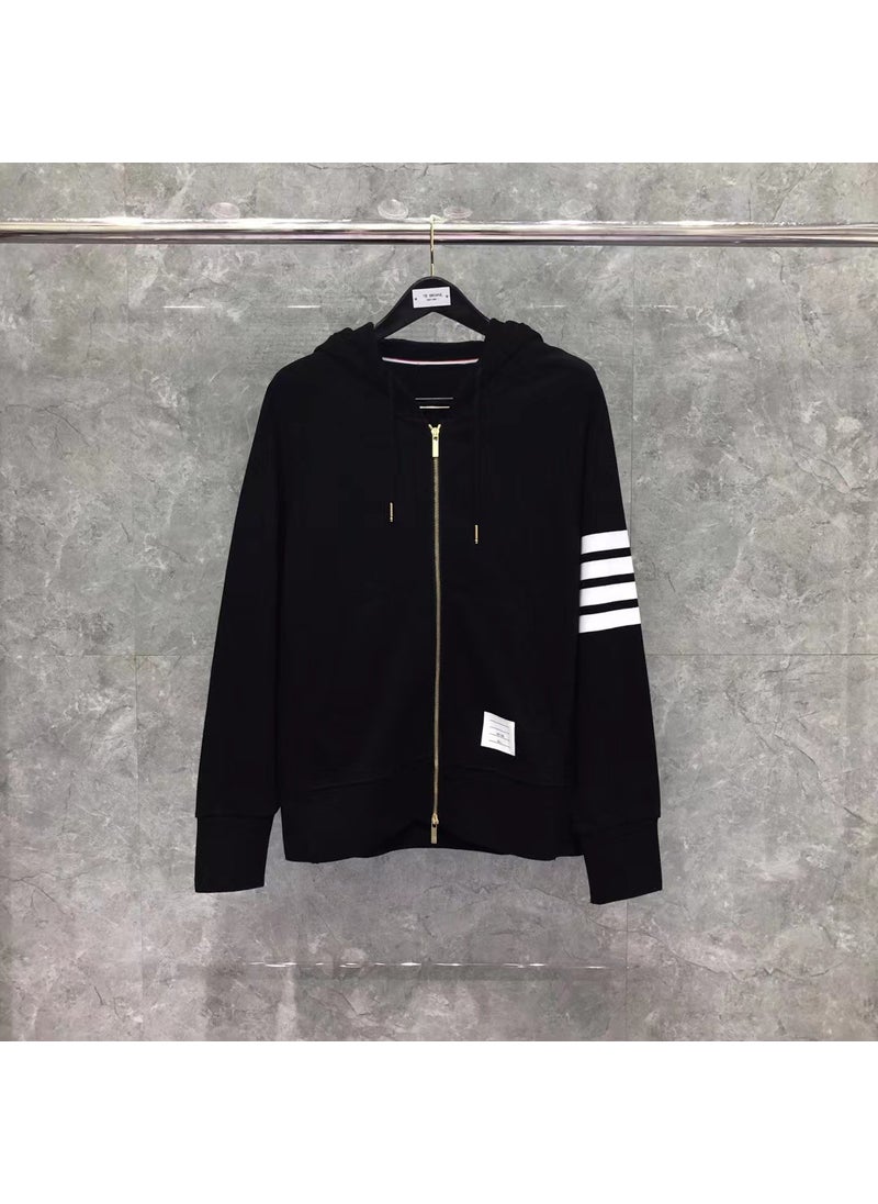 Classic Striped Zip Hoodie Unisex Autumn Winter Black