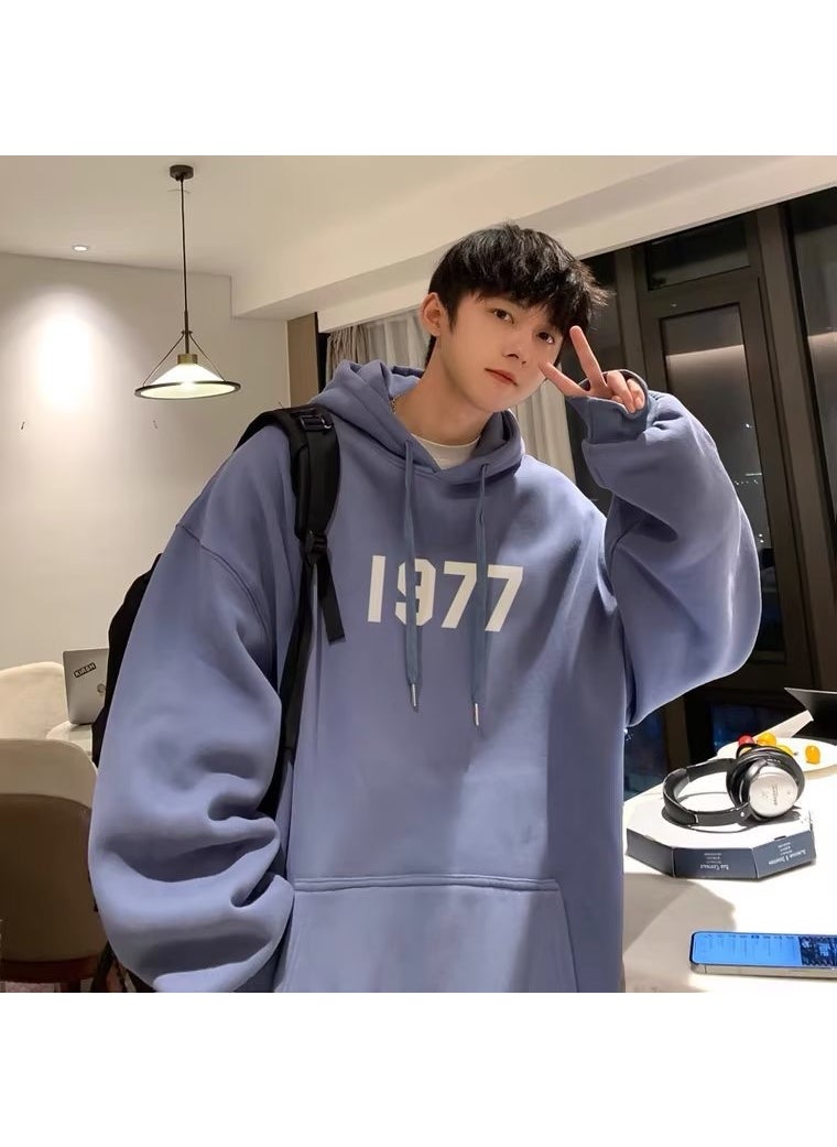 1977 Mens Hoodie Oversize American Trendy Heavyweight Spring Autumn Jacket Blue