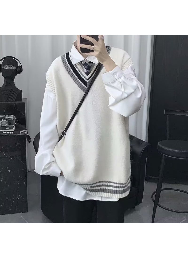 Casual Preppy Knit Sweater Vest Men Autumn Winter White