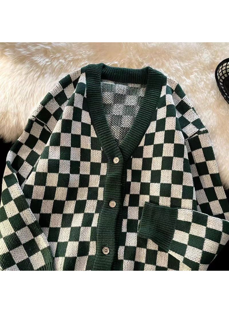 1 x 5 pcs 2023 Mens Plaid Knit Cardigan Autumn Winter Retro Loose Trendy Green