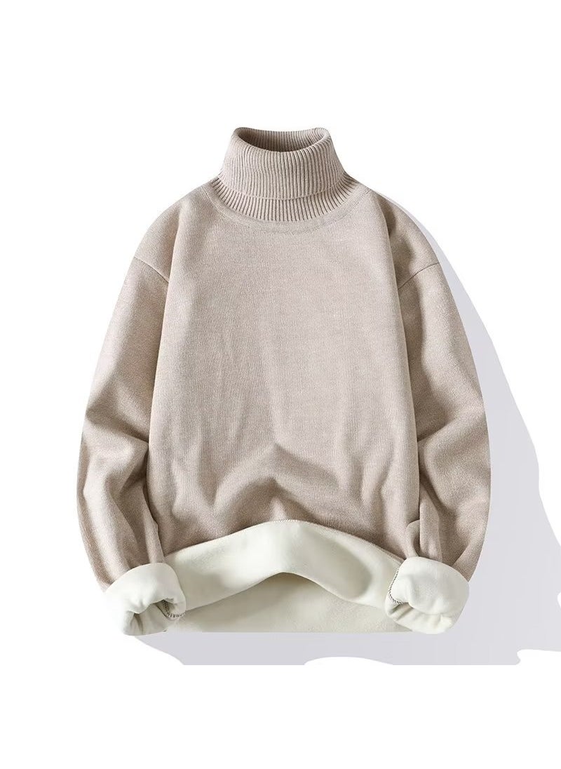 1 x 5 pcs 2023 Autumn Winter Mens Fleece-Lined Turtleneck Sweater Apricot