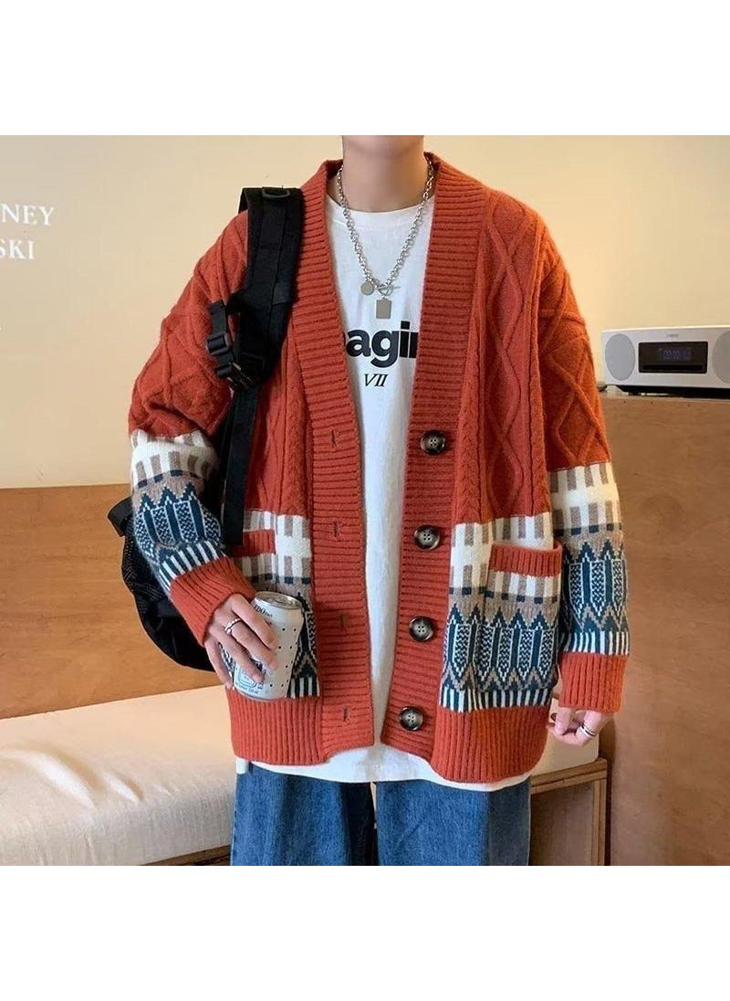 Mens Casual Knit Cardigan Spring Fall Trendy Loose Orange