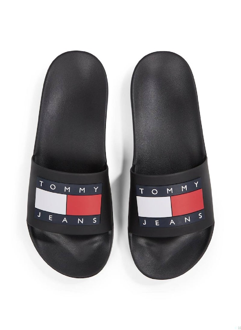 Men's Pool Slides - Faux Leather, Black