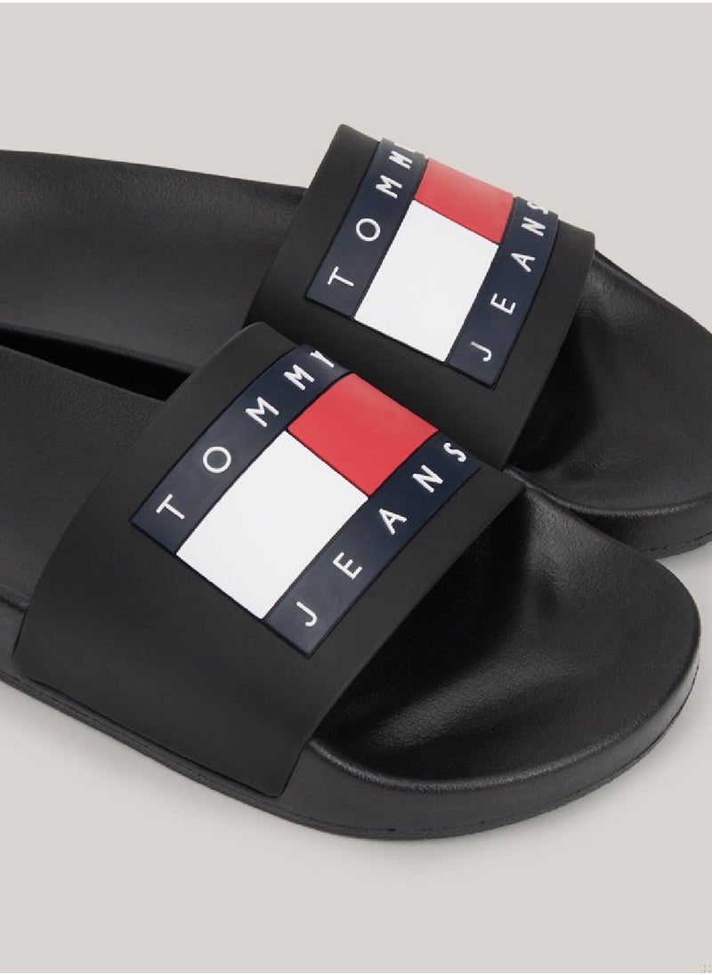 Men's Pool Slides - Faux Leather, Black