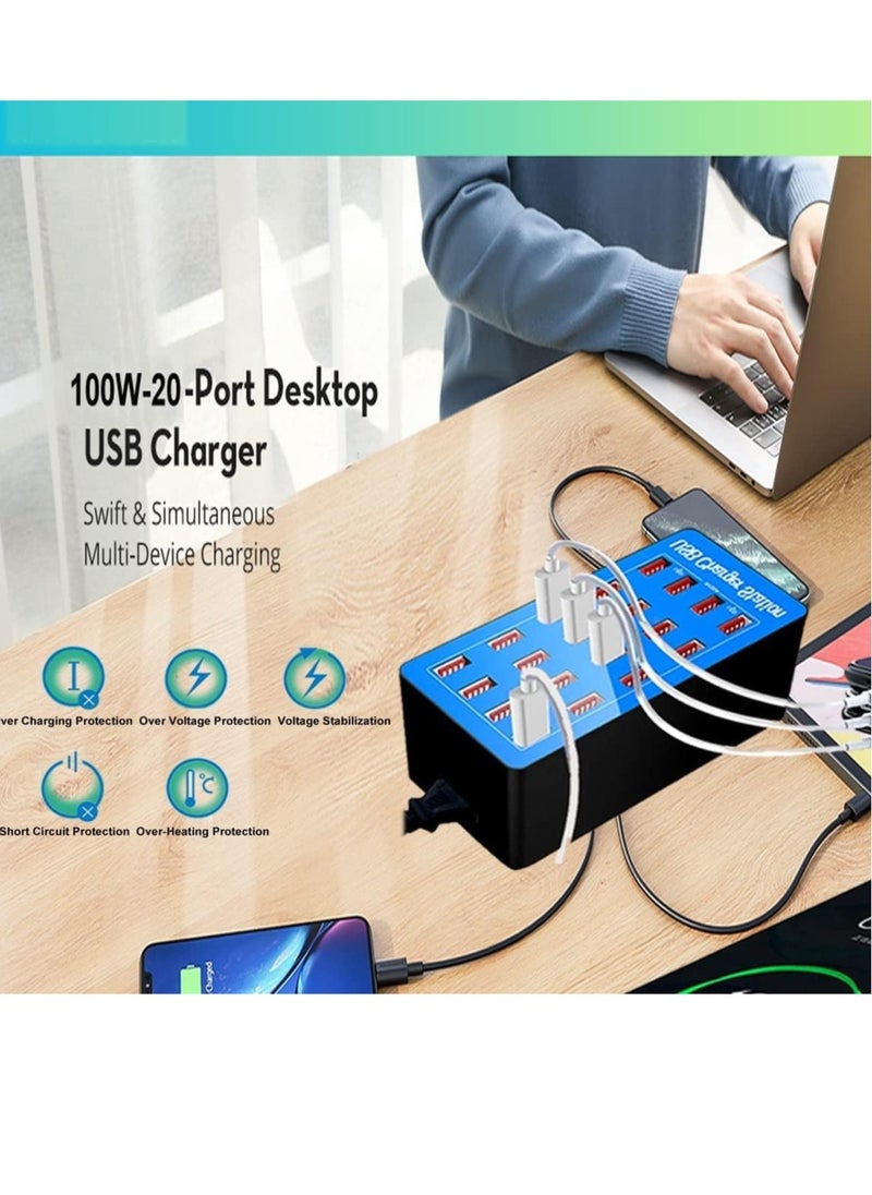 20-Port Multi USB Charger, 100W Charging Station with Smart Detection – High-Speed Charging Hub for Smartphones, Tablets, Laptops, & USB Devices – Compact, Efficient & Space-Saving Solution for Home, Office & Travel