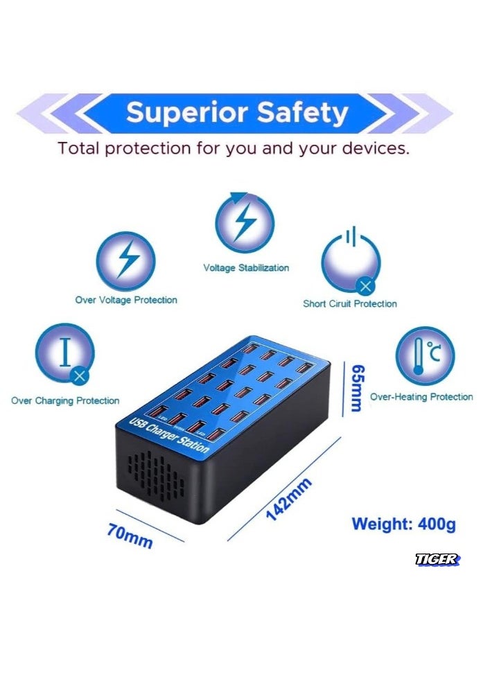 20-Port Multi USB Charger, 100W Charging Station with Smart Detection – High-Speed Charging Hub for Smartphones, Tablets, Laptops, & USB Devices – Compact, Efficient & Space-Saving Solution for Home, Office & Travel