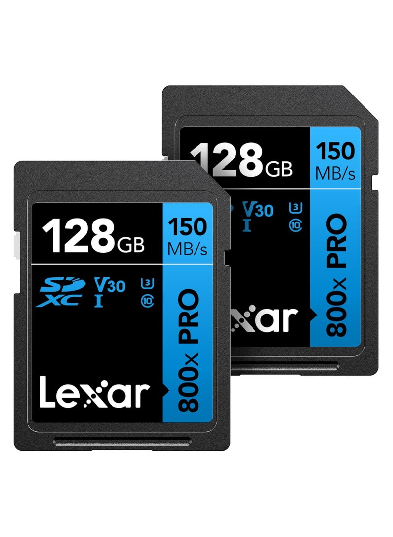 Lexar 128GB (2-Pack) High-Performance 800x PRO SDXC UHS-I Memory Card, C10, U3, V30, 4K UHD Video, Up to 150MB/s Read, for Point-and-Shoot & Mid-Range DSLR Cameras, HD Camcorders (LSD0800P128G-B2NNU) 128 GB