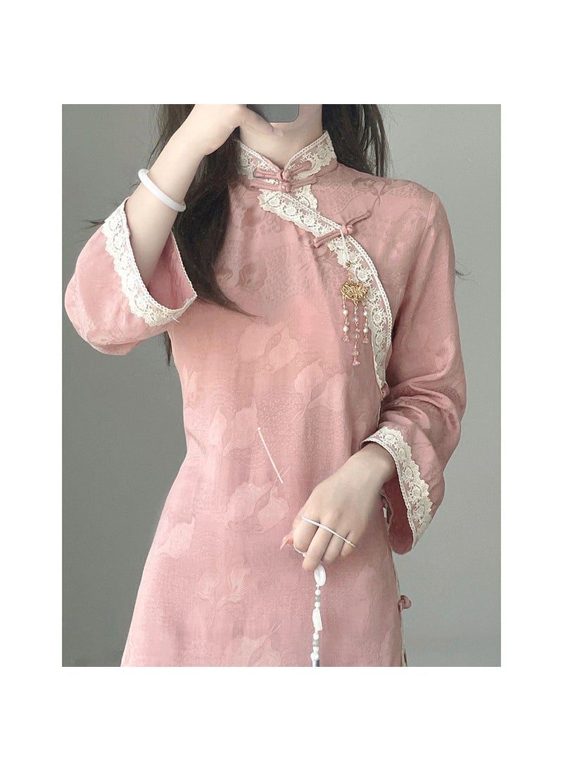 Pink Traditional Qipao Long Sleeve Retro Dress Autumn 2022 Pink