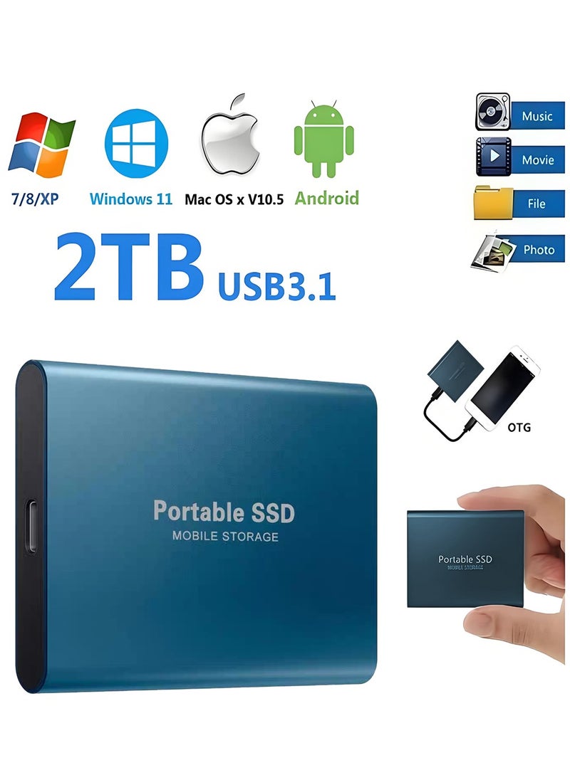 2TB Portable External Hard Drive, Mini SSD Hard Drives,Solid State External Drives,Computer Backup Drive,USB 3.1 to Type-C Support Data Storage Transfer for Windows XP PC Laptop and Mac(Blue)