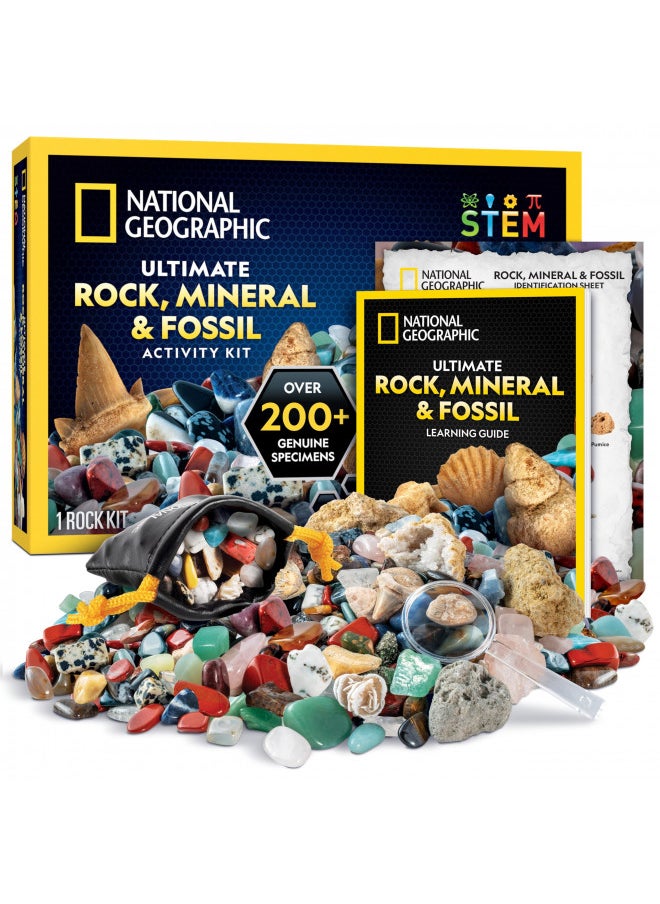 NATIONAL GEOGRAPHIC Rock Collection for Kids - 200+ Piece Gemstones & Crystals Set with Geodes & Real Fossils, Rocks & Minerals Science Kit for Kids