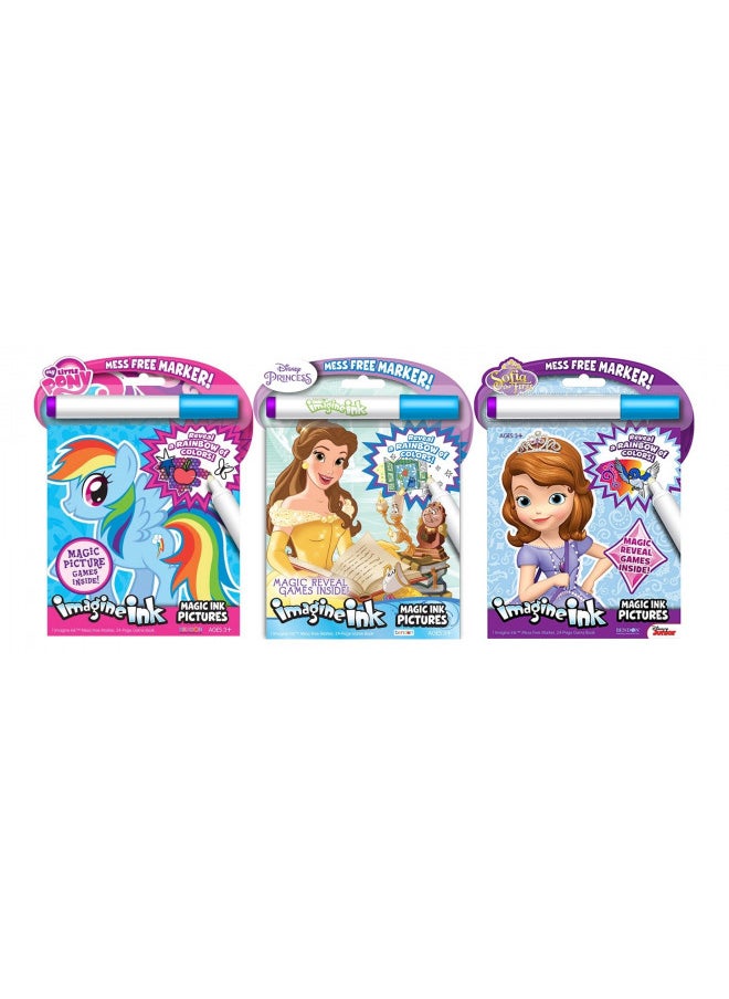 Bundle of 3 Imagine Ink Magic Pictures Activity Books - My Little Pony, Princess Featuring Belle, and Sofia The First