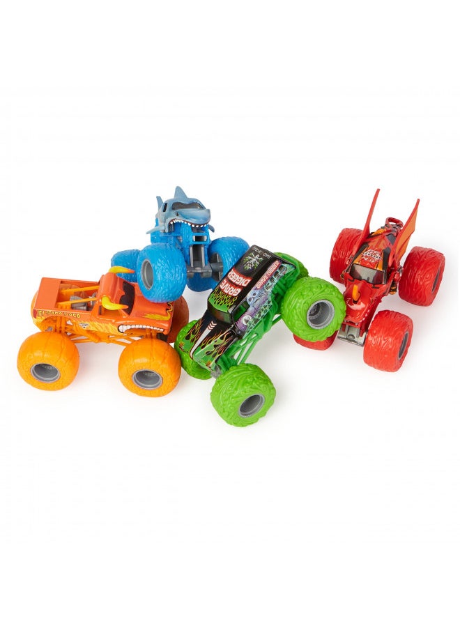 Monster Jam, Tough Treads Set, Official El Toro Loco, Megalodon, Grave Digger, and Bakugan Dragonoid Die-Cast Monster Trucks, 1:64 Scale, Kids Toys for Boys and Girls Ages 3 and up