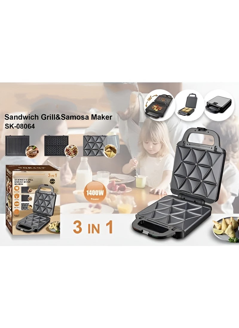 3 in 1 Sandwich Maker with Interchangeable Plates for Samosa, Waffle, and Grill – Non-Stick, Easy-to-Clean, Versatile Snack Maker