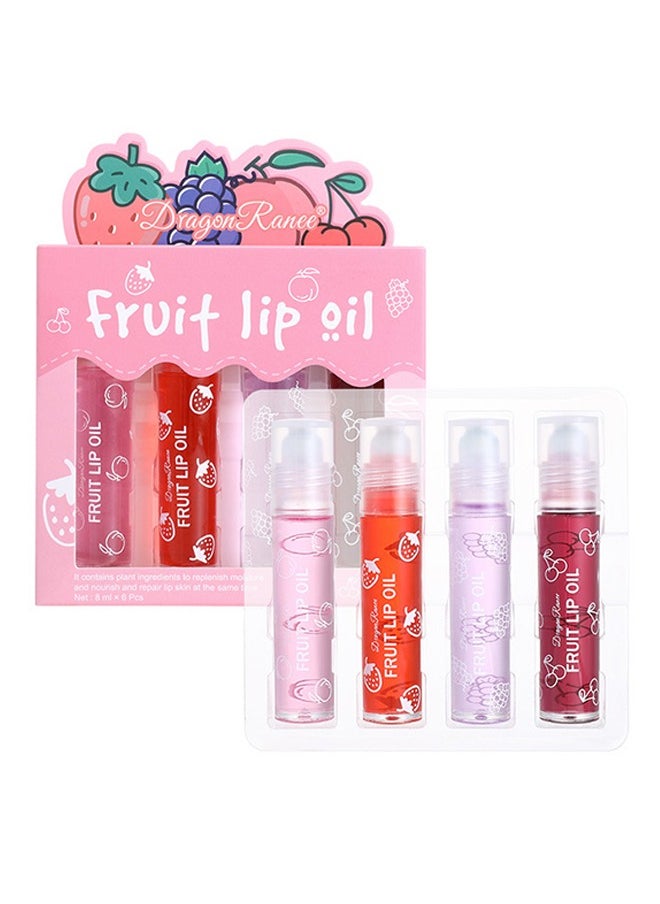 Fruit Lip Oil- Set 4PCS, Long Lasting Moisturizing Lip Balm, Roll-On Lip Gloss, Fruity Flavor Glossy Lip Make up for All Ages, Transparent Lip Gloss，Lips Gift Sets