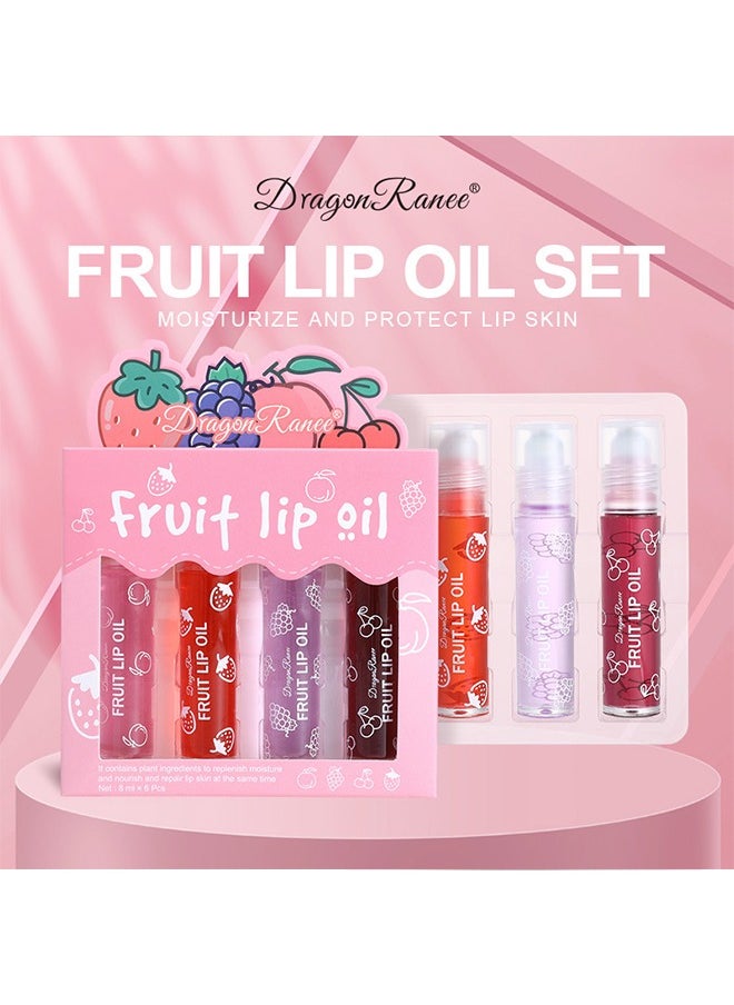 Fruit Lip Oil- Set 4PCS, Long Lasting Moisturizing Lip Balm, Roll-On Lip Gloss, Fruity Flavor Glossy Lip Make up for All Ages, Transparent Lip Gloss，Lips Gift Sets