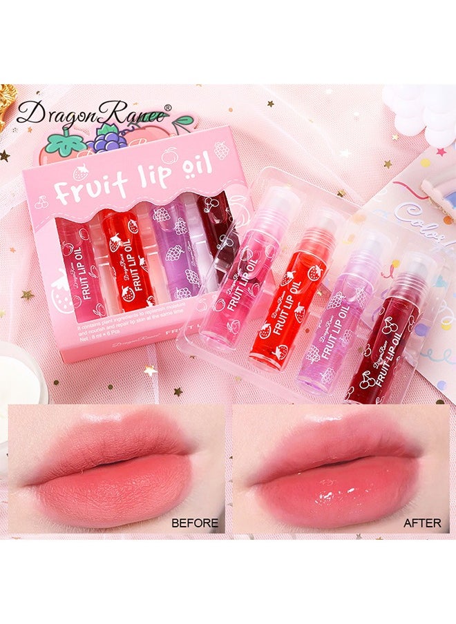 Fruit Lip Oil- Set 4PCS, Long Lasting Moisturizing Lip Balm, Roll-On Lip Gloss, Fruity Flavor Glossy Lip Make up for All Ages, Transparent Lip Gloss，Lips Gift Sets