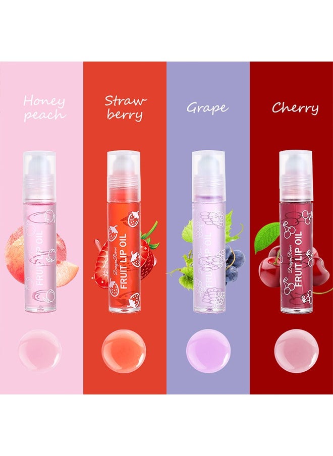 Fruit Lip Oil- Set 4PCS, Long Lasting Moisturizing Lip Balm, Roll-On Lip Gloss, Fruity Flavor Glossy Lip Make up for All Ages, Transparent Lip Gloss，Lips Gift Sets