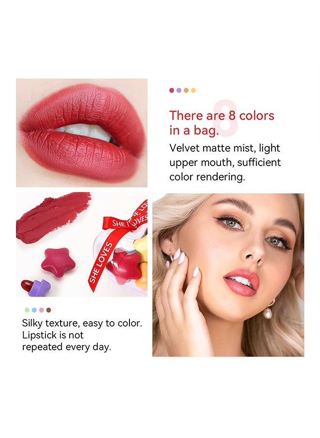 Mist Stars Lipstick-8 Colors, Mini Waterproof Velvet Matte Lipstick, Long Lasting Cute Star Capsule Shaped Nonstick Cup Lip Gloss, Portable Makup, Makeup Gift 8pcs