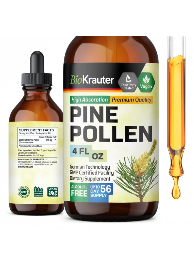 BIO KRAUTER Pine Pollen Tincture - Organic Pine Pollen Powder Liquid Extract for Immune Support - Alcohol & Sugar Free Natural Herbal Supplement - Vegan Pine Pollen Drops 4 Fl.Oz.