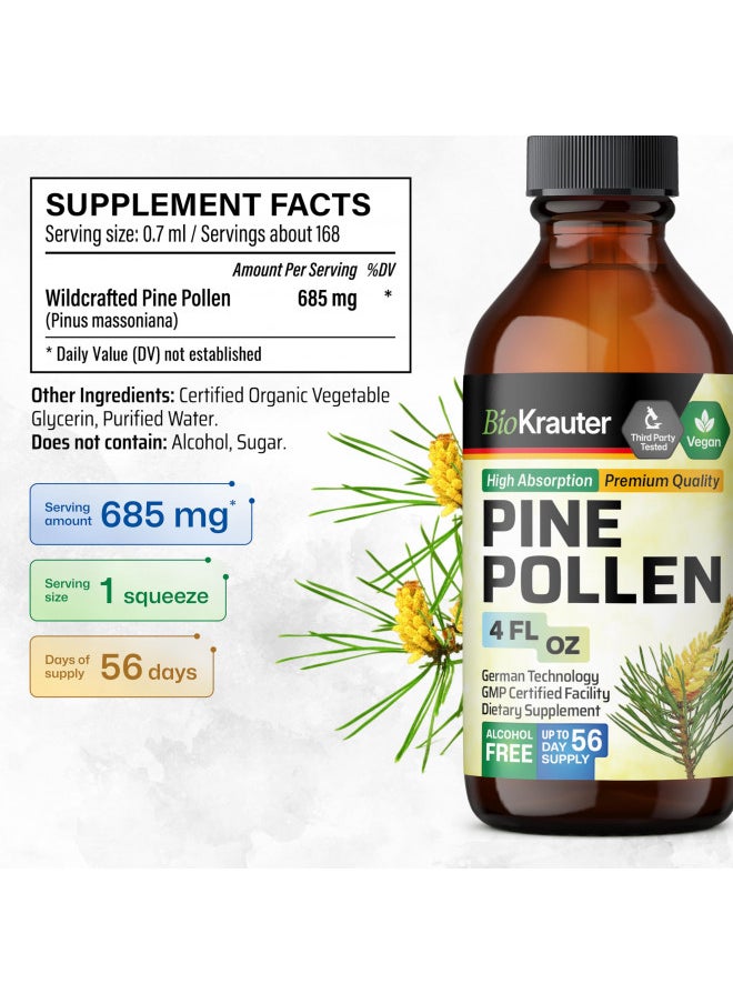 BIO KRAUTER Pine Pollen Tincture - Organic Pine Pollen Powder Liquid Extract for Immune Support - Alcohol & Sugar Free Natural Herbal Supplement - Vegan Pine Pollen Drops 4 Fl.Oz.